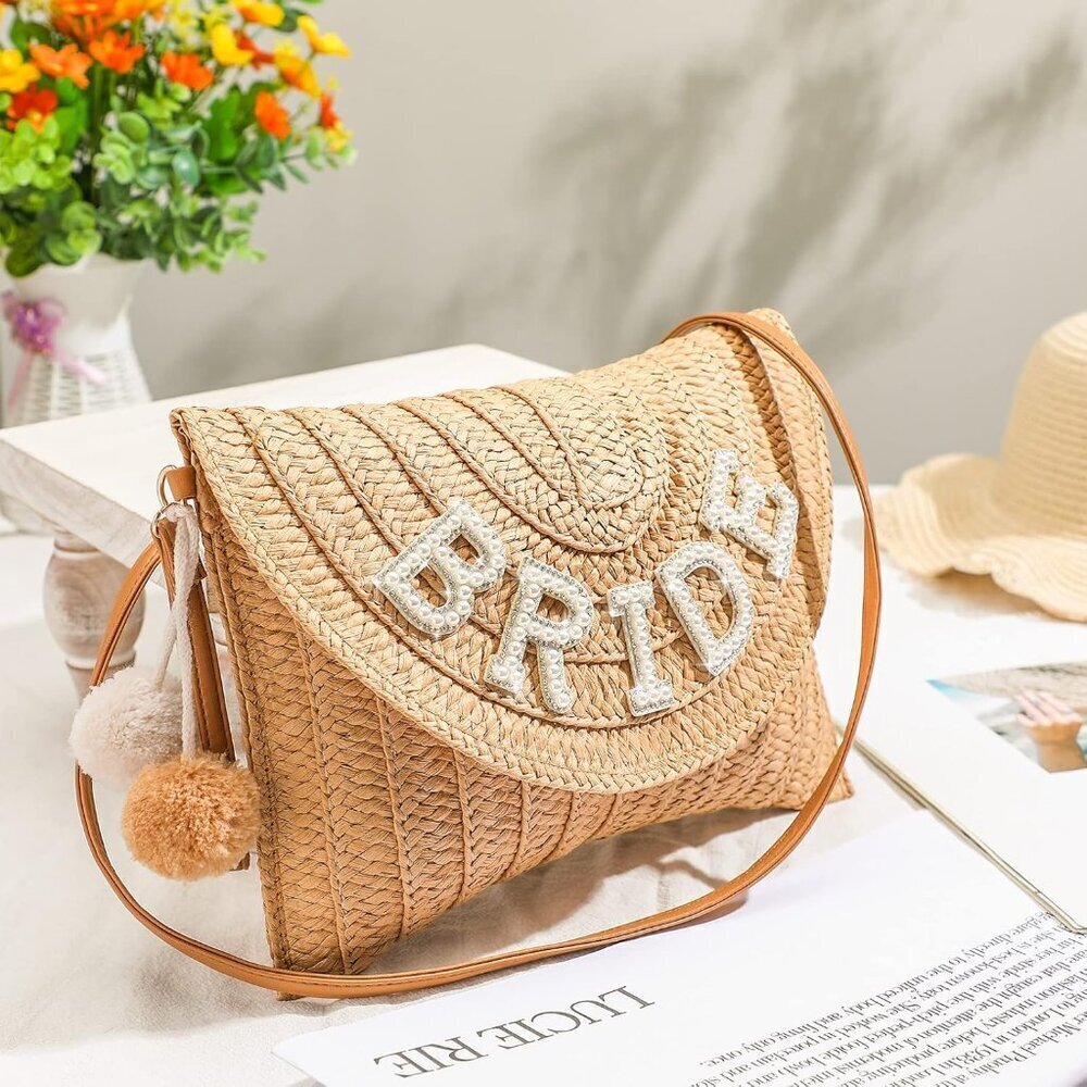 Bride Straw Shoulder Bag Clutch Rhinestone Letter Purse for Weddings Events - Picture 6 of 7